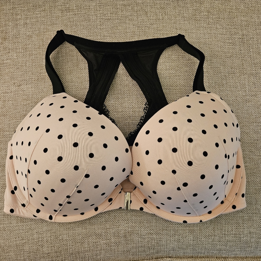 Cacique Boost Plunge Bra Size 36DDD Polka Dot Front Closure Racerback Pink